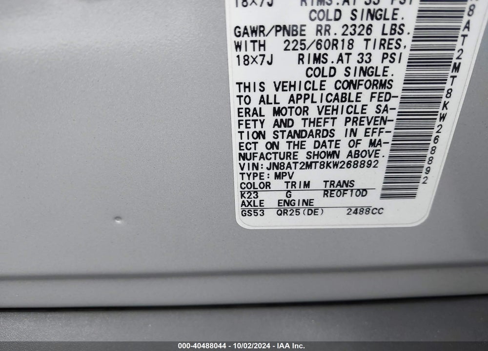2019 NISSAN ROGUE SV VIN: JN8AT2MT8KW268892