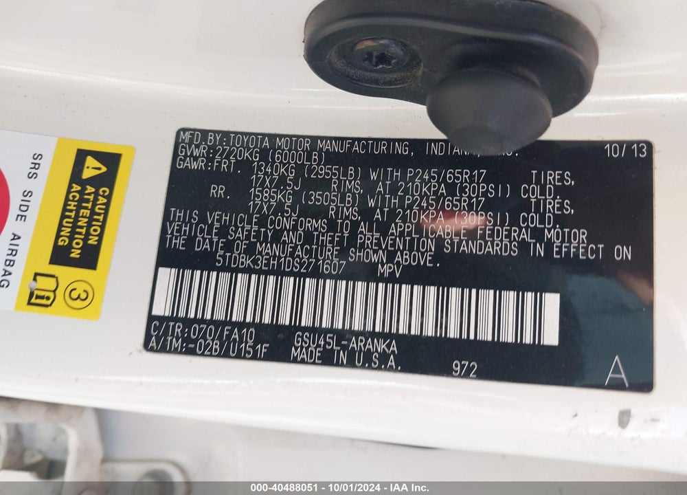 2013 TOYOTA HIGHLANDER BASE PLUS V6 VIN: 5TDBK3EH1DS271607