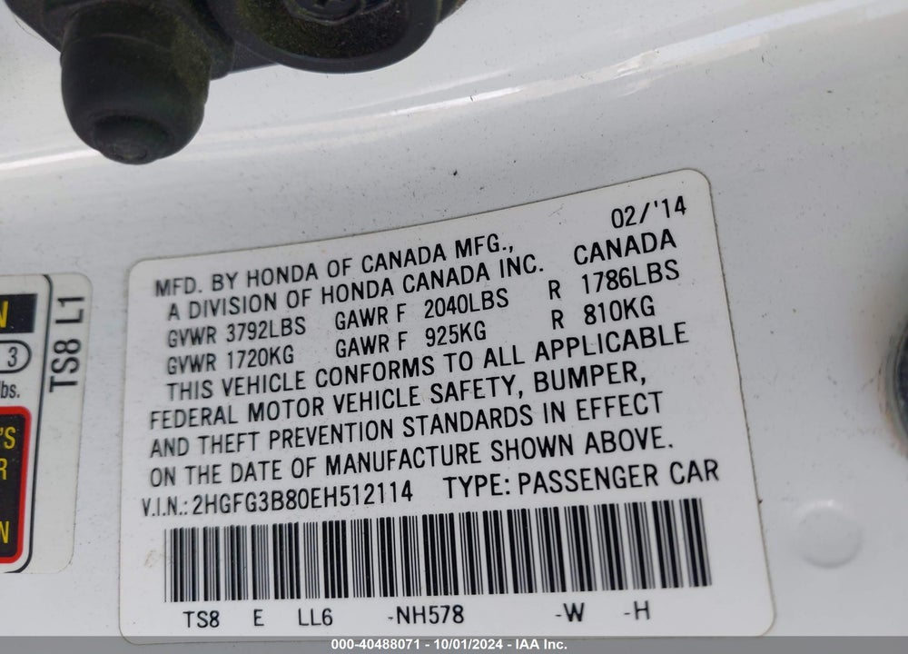2014 HONDA CIVIC EX VIN: 2HGFG3B80EH512114