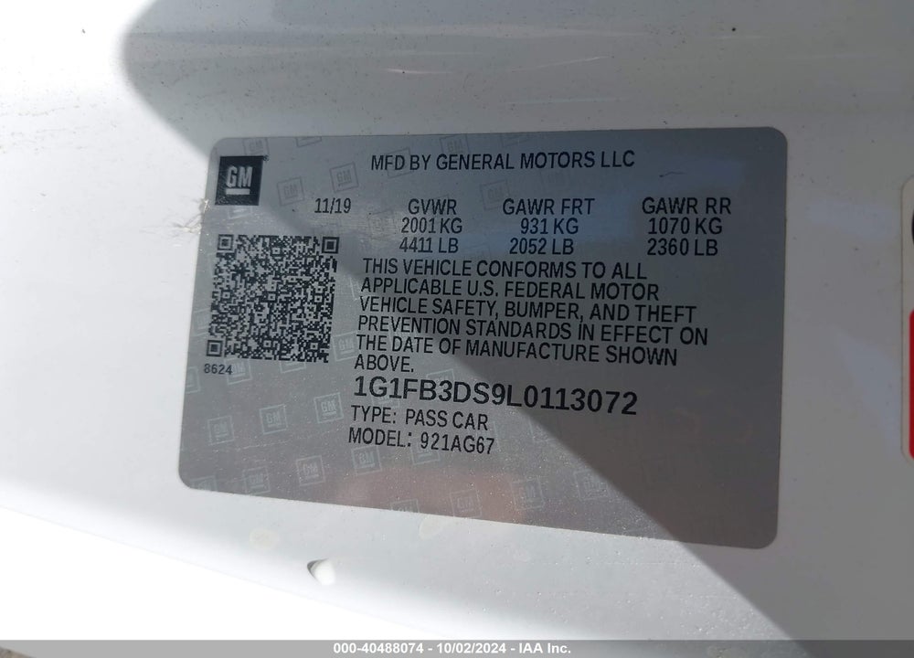 2020 CHEVROLET CAMARO RWD 1LT VIN: 1G1FB3DS9L0113072