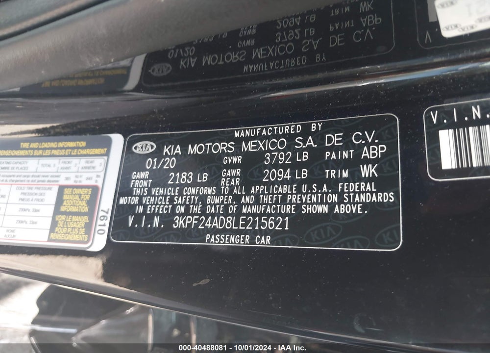 2020 KIA FORTE LXS VIN: 3KPF24AD8LE215621