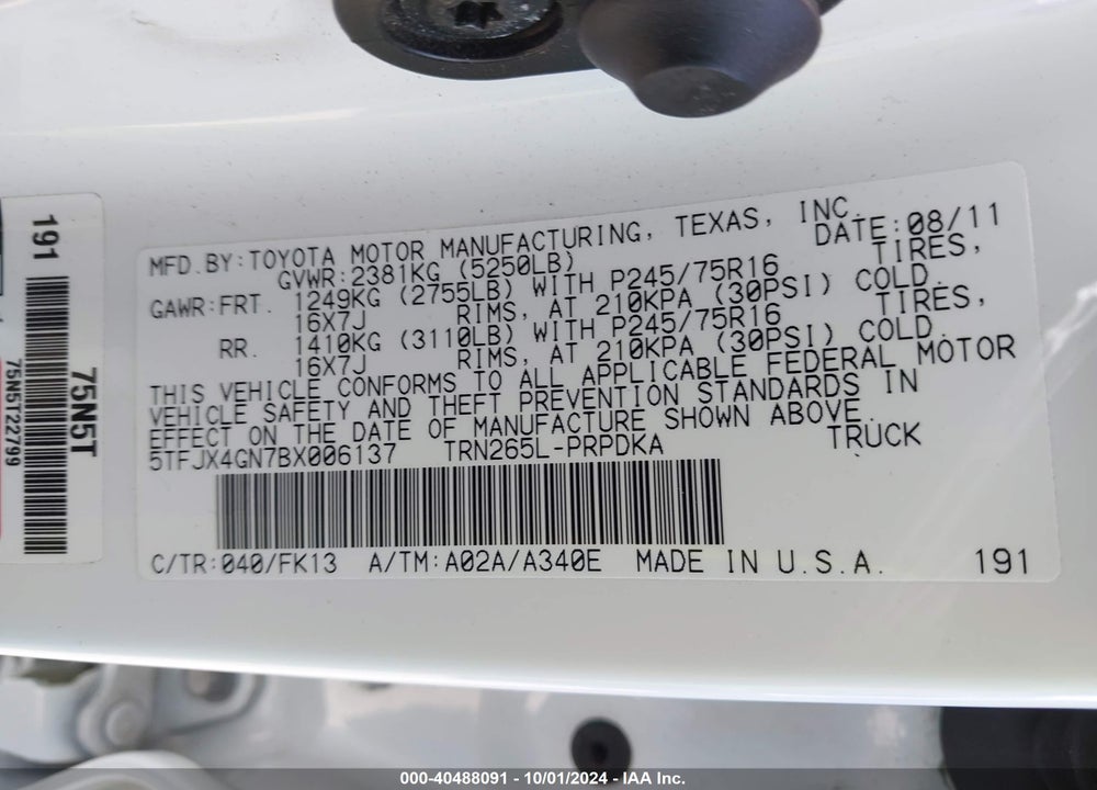 2011 TOYOTA TACOMA PRERUNNER VIN: 5TFJX4GN7BX006137