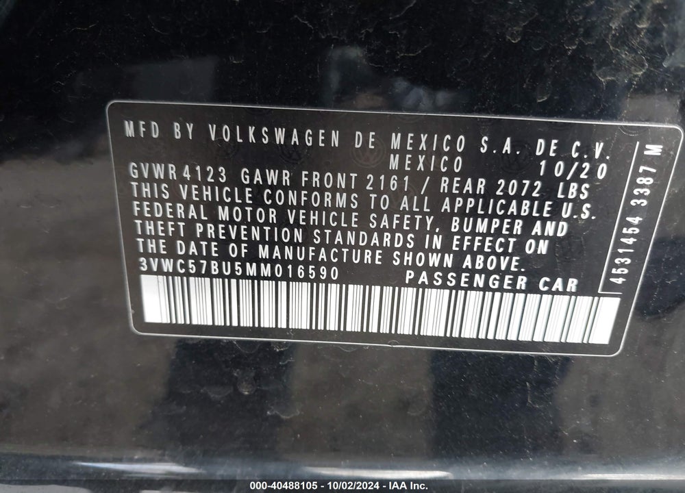 2021 VOLKSWAGEN JETTA 1.4T R-LINE/1.4T S/1.4T SE VIN: 3VWC57BU5MM016590