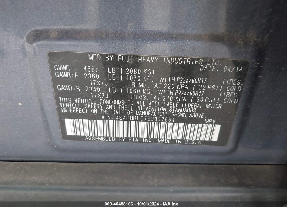 2014 SUBARU OUTBACK 2.5I LIMITED VIN: 4S4BRBLC7E3317551