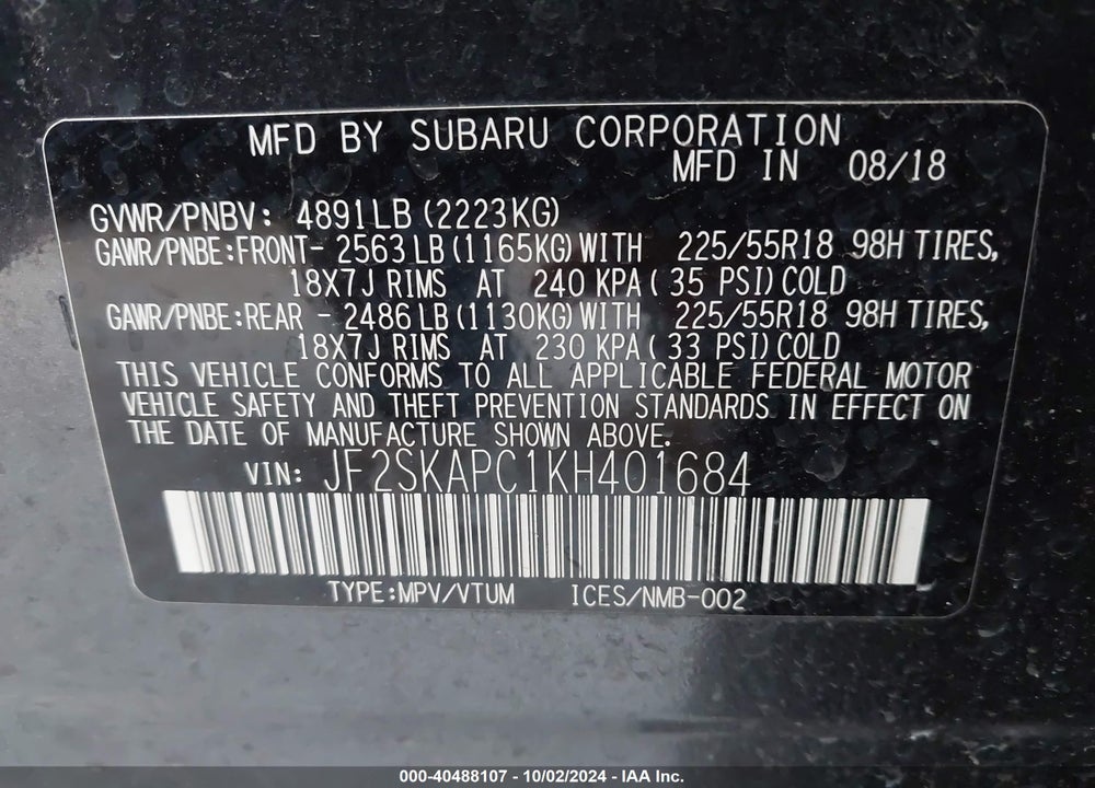 2019 SUBARU FORESTER SPORT VIN: JF2SKAPC1KH401684
