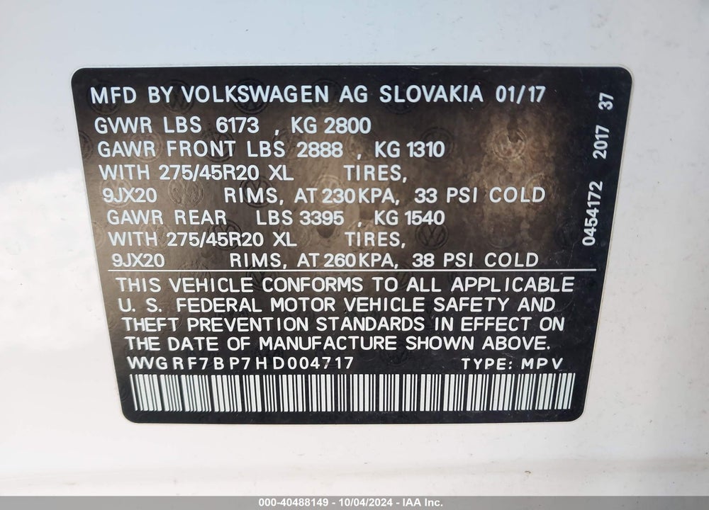2017 VOLKSWAGEN TOUAREG V6 WOLFSBURG EDITION VIN: WVGRF7BP7HD004717