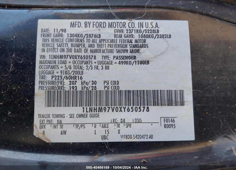 1999 LINCOLN CONTINENTAL VIN: 1LNHM97V0XY650578