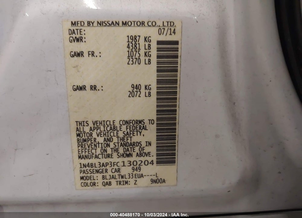 2015 NISSAN ALTIMA 3.5 SL VIN: 1N4BL3AP3FC130204