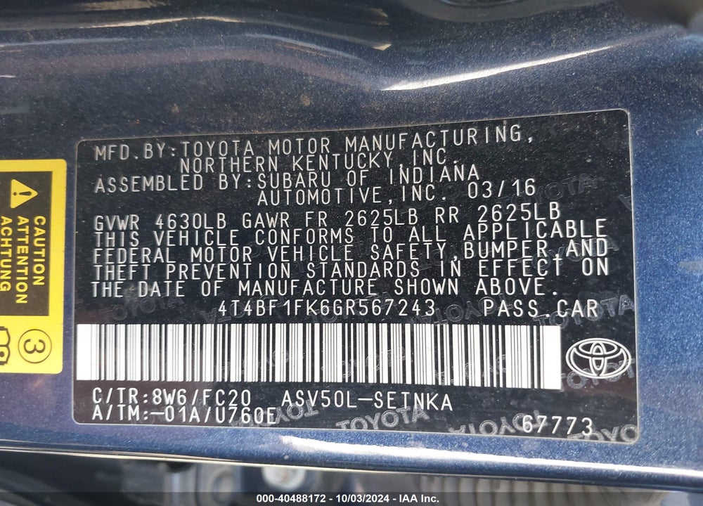 2016 TOYOTA CAMRY LE VIN: 4T4BF1FK6GR567243