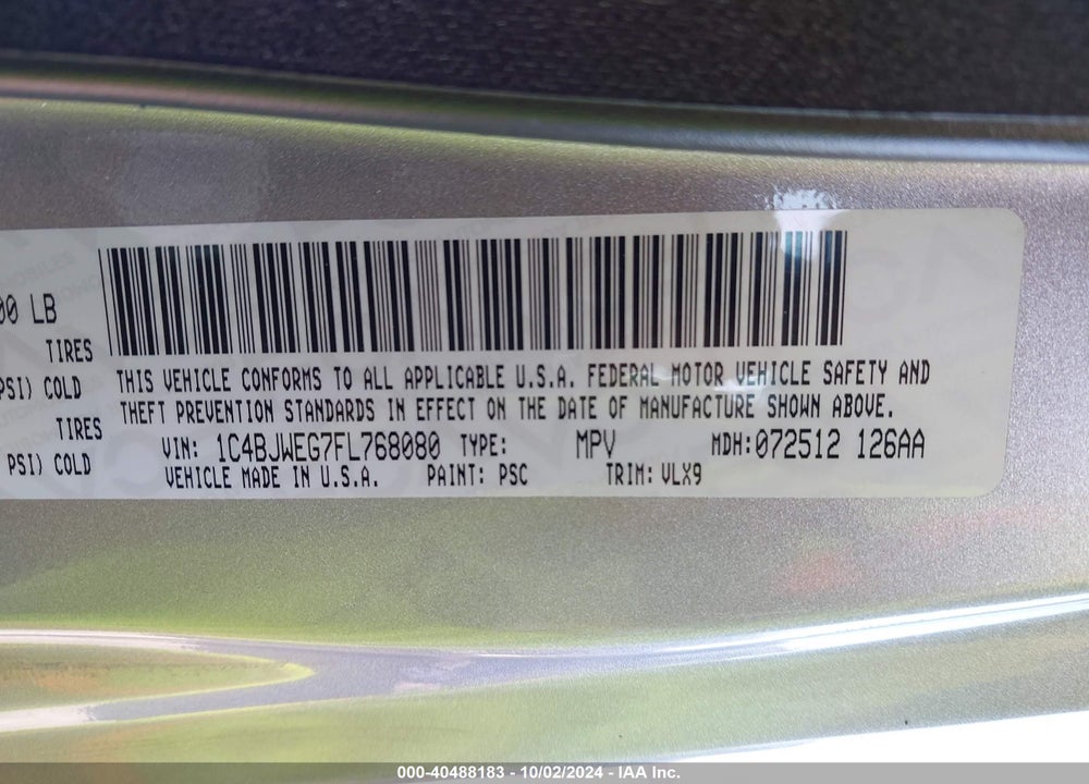 2015 JEEP WRANGLER UNLIMITED ALTITUDE VIN: 1C4BJWEG7FL768080