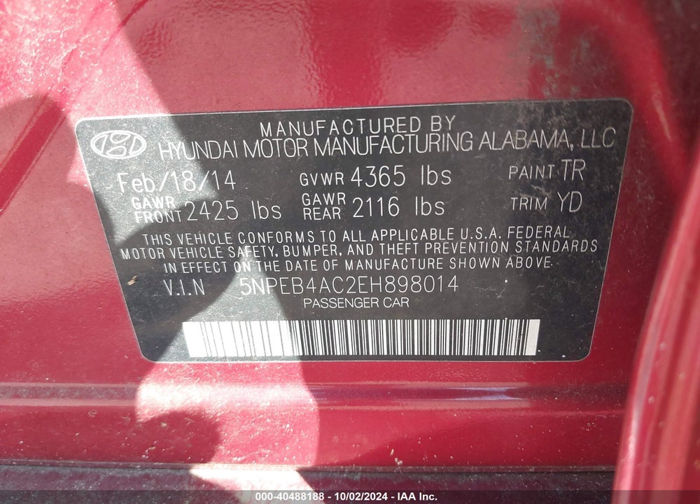 2014 HYUNDAI SONATA GLS VIN: 5NPEB4AC2EH898014