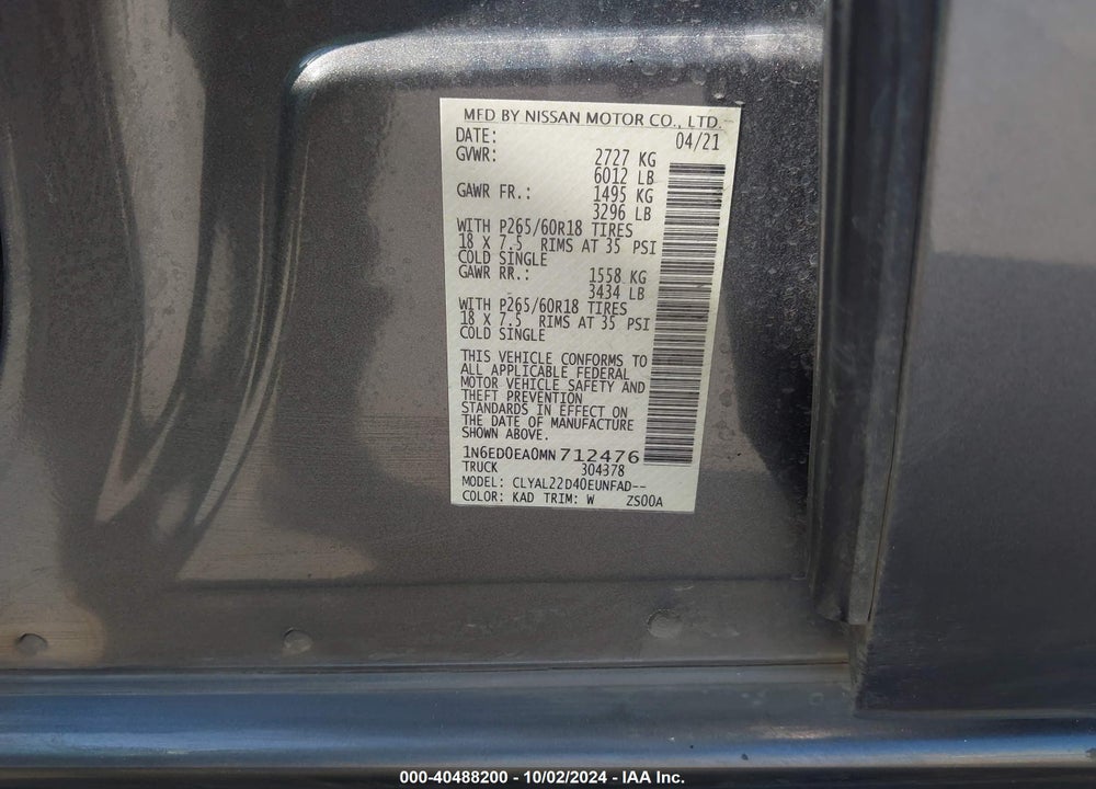 2021 NISSAN FRONTIER SV 4X2 VIN: 1N6ED0EA0MN712476