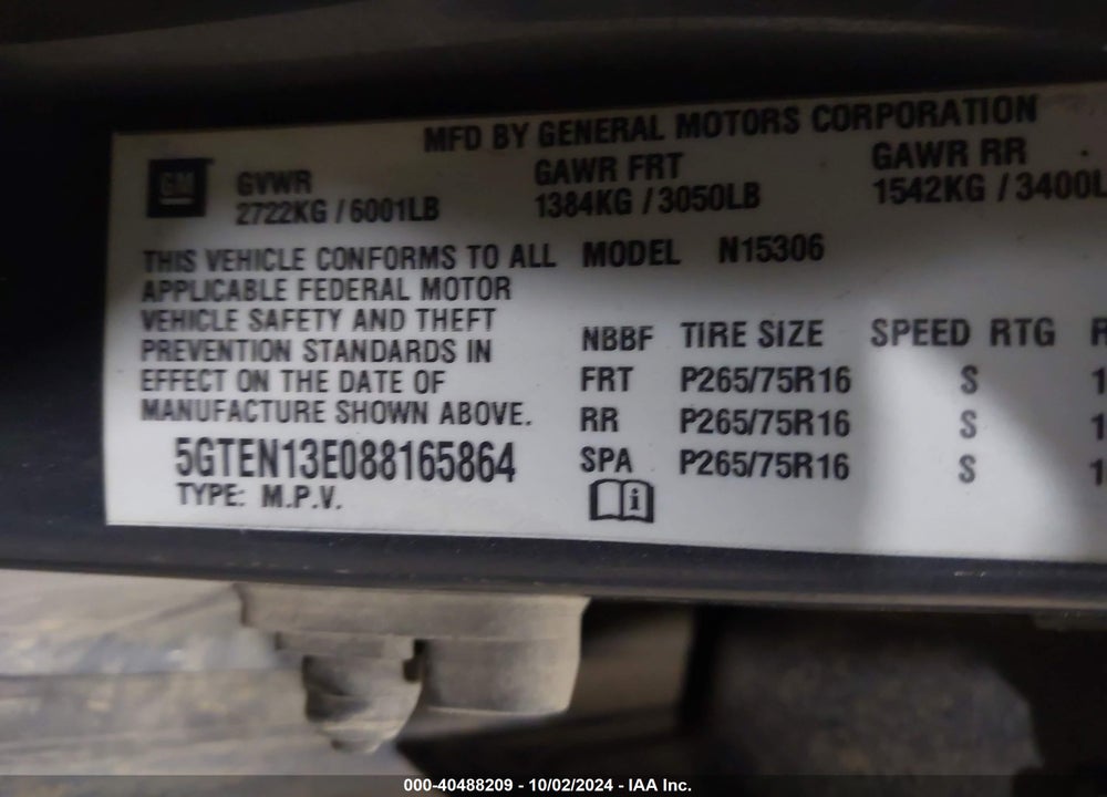 2008 HUMMER H3 SUV VIN: 5GTEN13E088165864