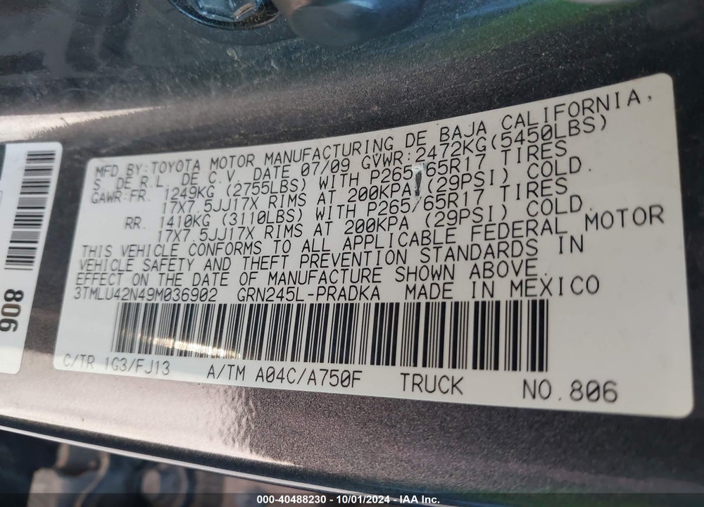 2009 TOYOTA TACOMA BASE V6 VIN: 3TMLU42N49M036902