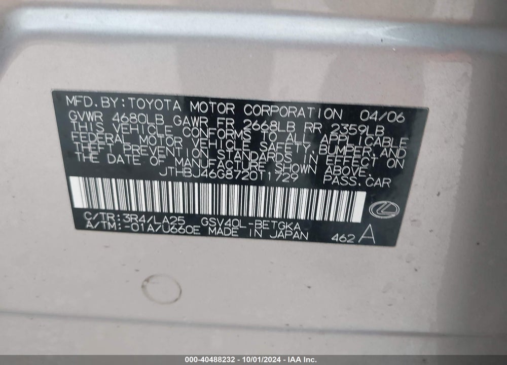 2007 LEXUS ES 350 VIN: JTHBJ46G872011729
