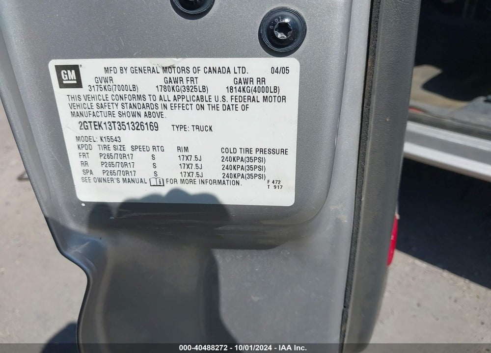 2005 GMC SIERRA 1500 SLE VIN: 2GTEK13T351326169