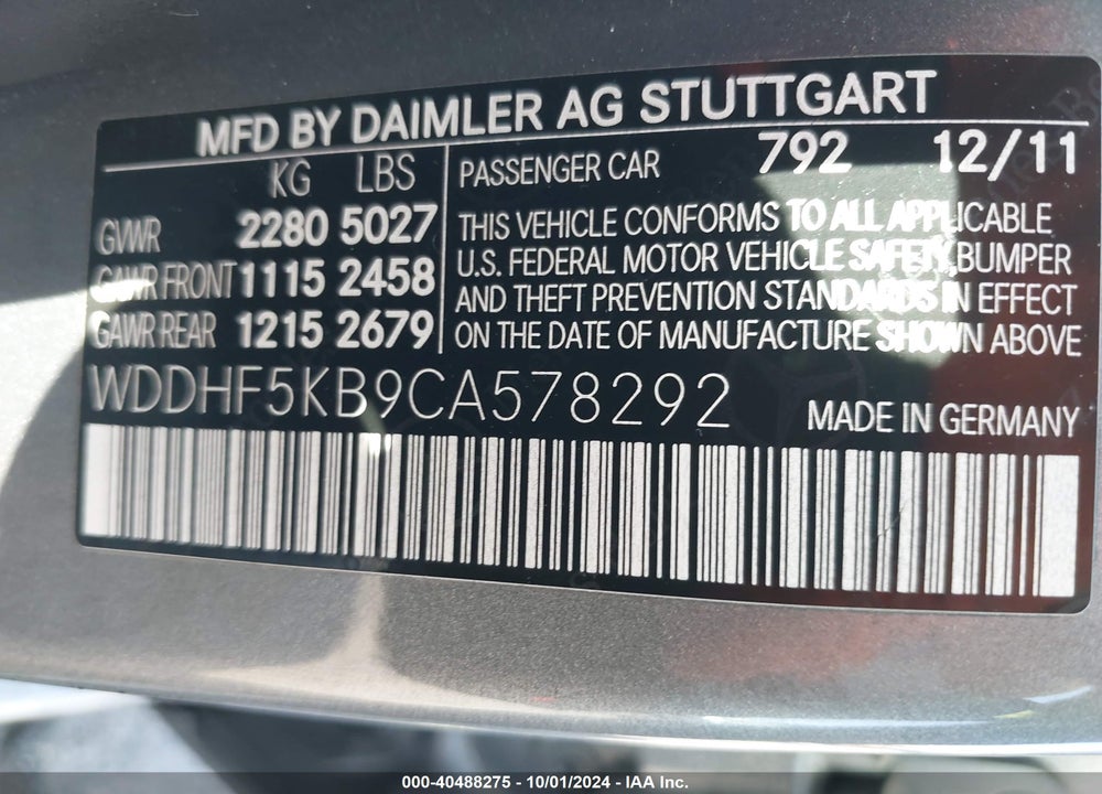 2012 MERCEDES-BENZ E 350 VIN: WDDHF5KB9CA578292