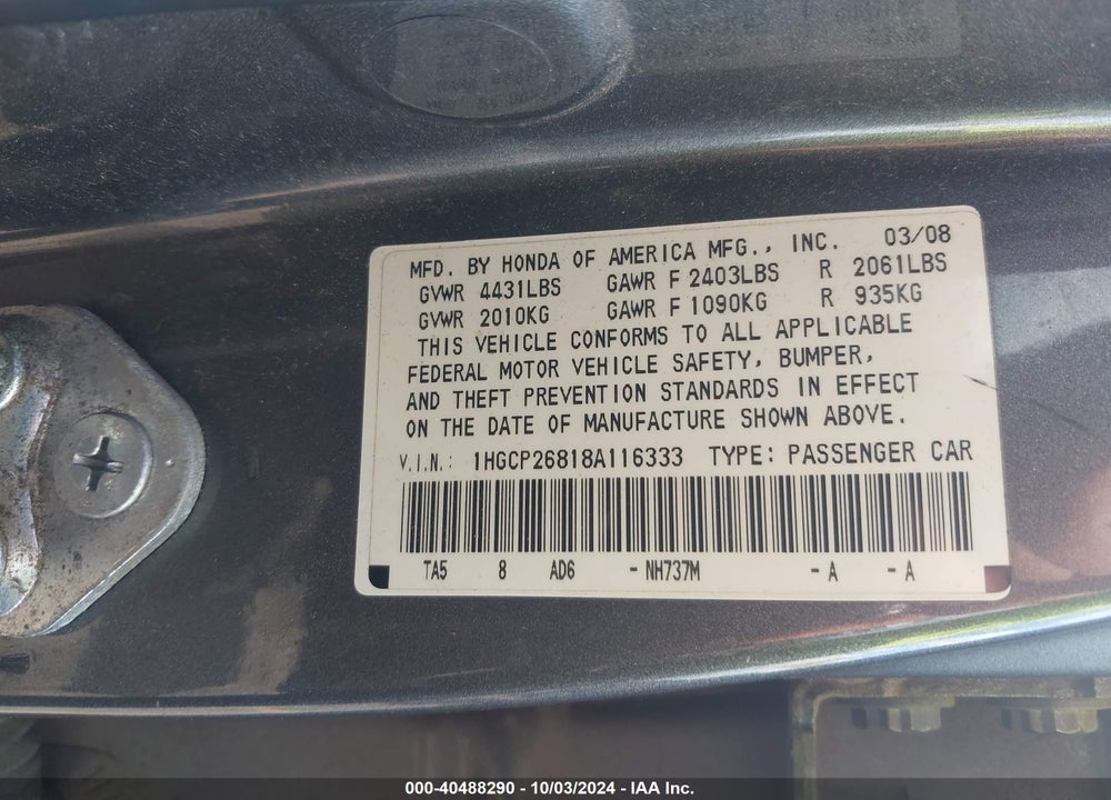 2008 HONDA ACCORD 2.4 EX-L VIN: 1HGCP26818A116333