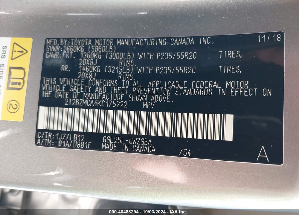 2019 LEXUS RX 350 VIN: 2T2BZMCA4KC175222