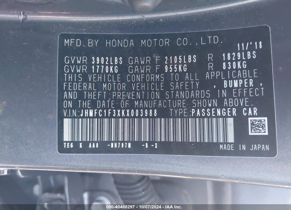 2019 HONDA CIVIC EX VIN: JHMFC1F3XKX003988