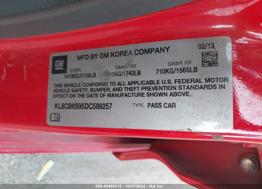 2013 CHEVROLET SPARK LS AUTO VIN: KL8CB6S95DC589257