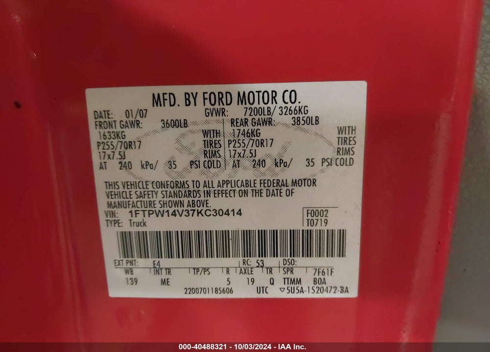 2007 FORD F-150 FX4/LARIAT/XLT VIN: 1FTPW14V37KC30414