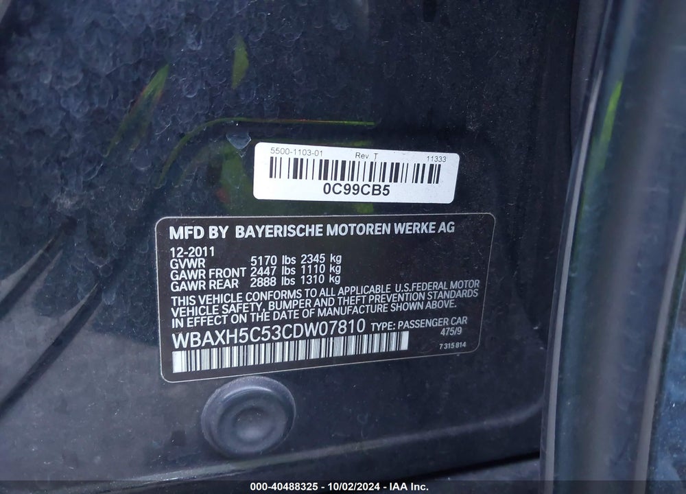 2012 BMW 528I XDRIVE VIN: WBAXH5C53CDW07810