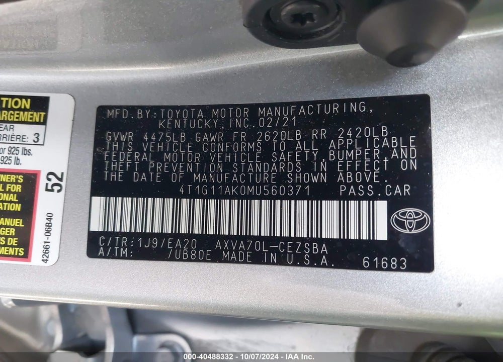 2021 TOYOTA CAMRY SE VIN: 4T1G11AK0MU560371