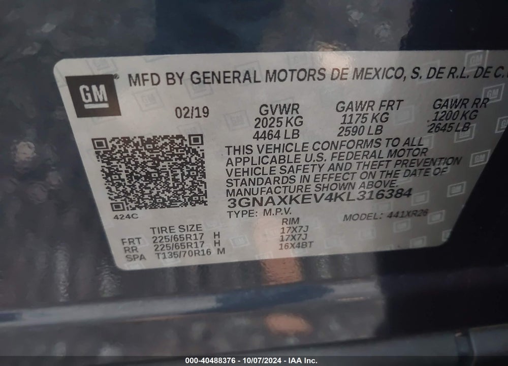 2019 CHEVROLET EQUINOX LT VIN: 3GNAXKEV4KL316384