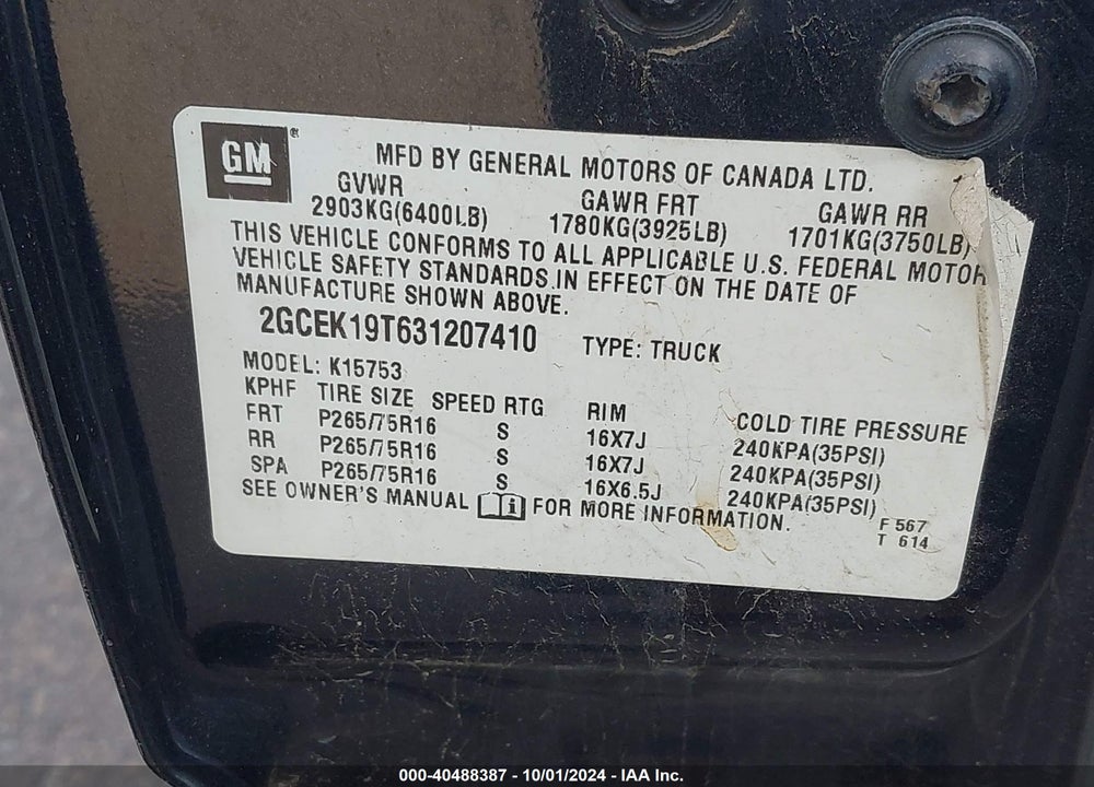 2003 CHEVROLET SILVERADO 1500 LS VIN: 2GCEK19T631207410