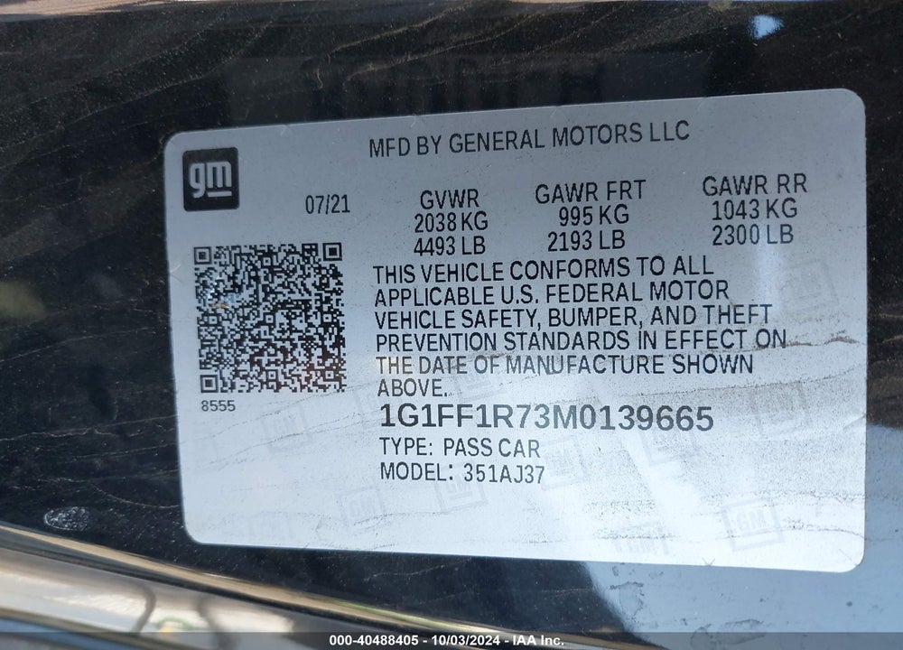 2021 CHEVROLET CAMARO RWD LT1 VIN: 1G1FF1R73M0139665