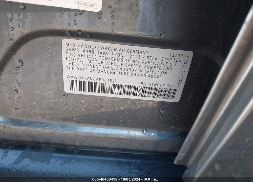 2010 VOLKSWAGEN PASSAT KOMFORT VIN: WVWJM7AN8AE081510