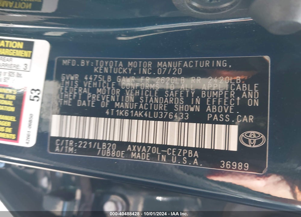 2020 TOYOTA CAMRY XSE VIN: 4T1K61AK4LU376433