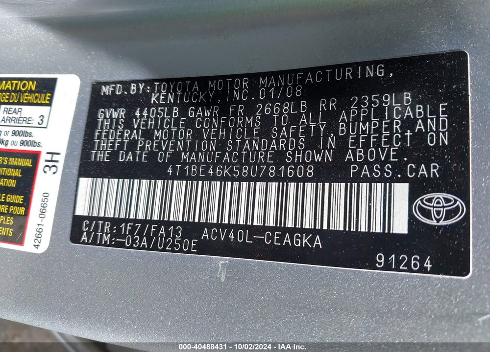 2008 TOYOTA CAMRY XLE VIN: 4T1BE46K58U781608