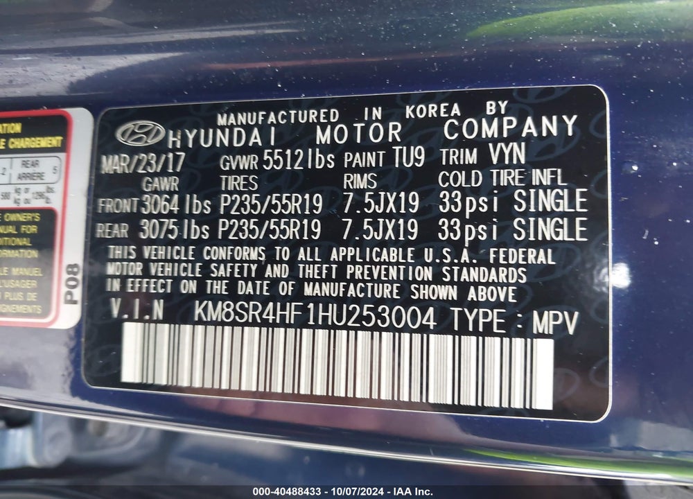 2017 HYUNDAI SANTA FE SE ULTIMATE VIN: KM8SR4HF1HU253004