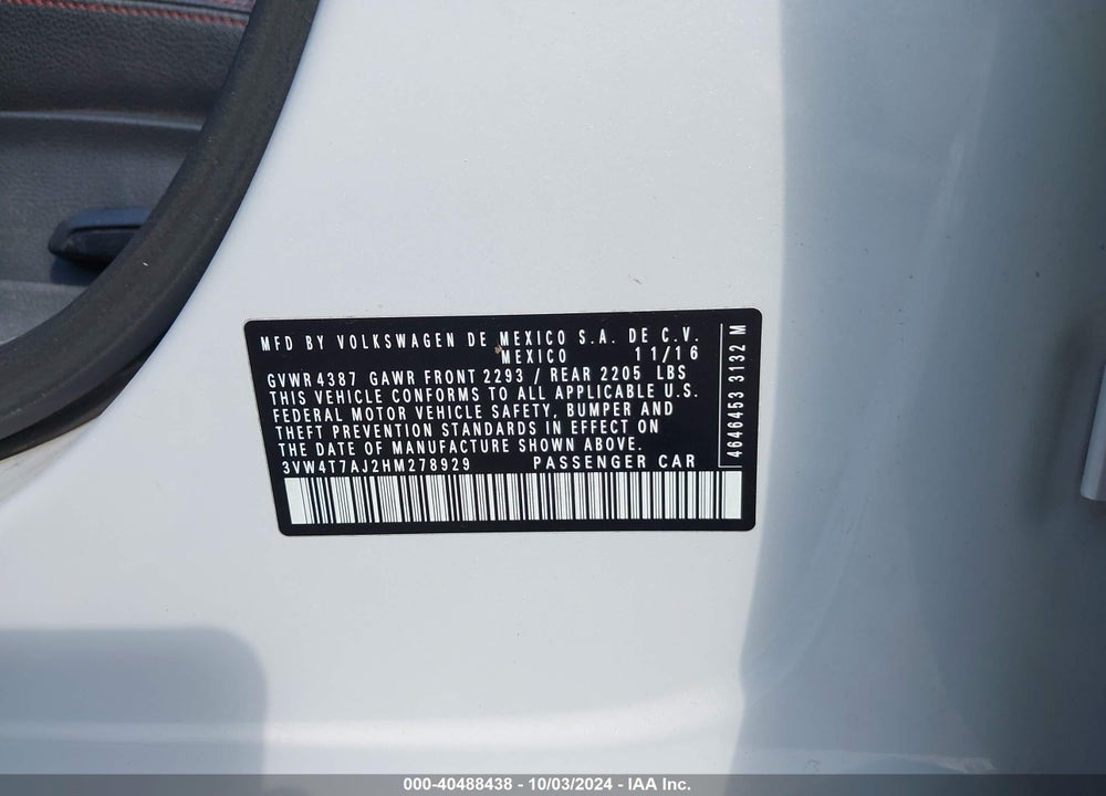 2017 VOLKSWAGEN JETTA GLI VIN: 3VW4T7AJ2HM278929