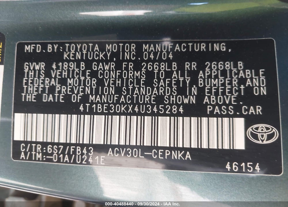 2004 TOYOTA CAMRY LE VIN: 4T1BE30KX4U345284