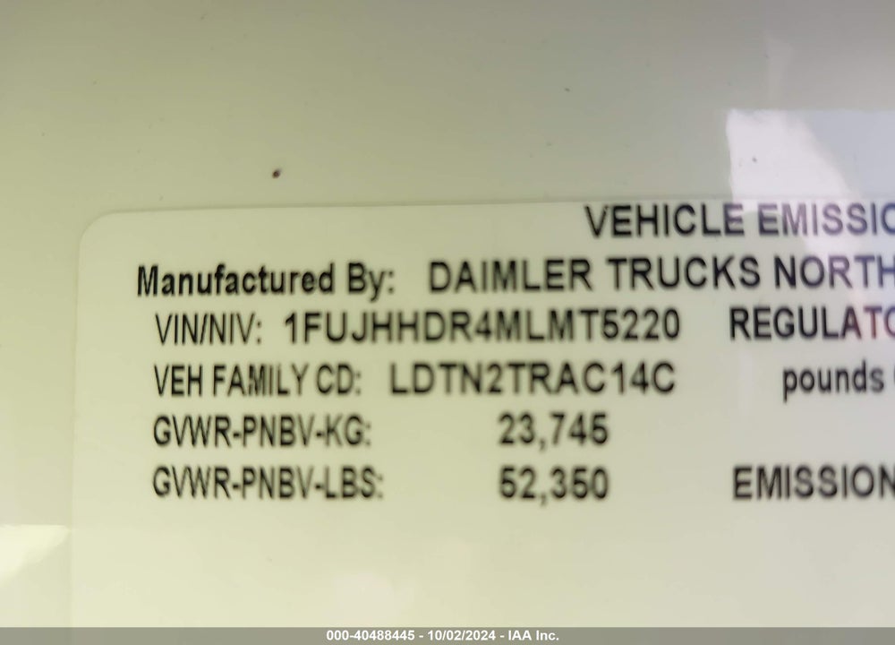 2021 FREIGHTLINER NEW CASCADIA 126 VIN: 1FUJHHDR4MLMT5220