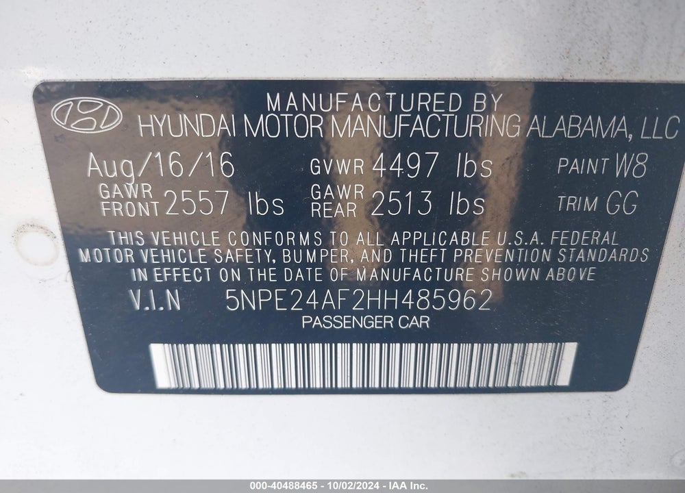 2017 HYUNDAI SONATA VIN: 5NPE24AF2HH485962