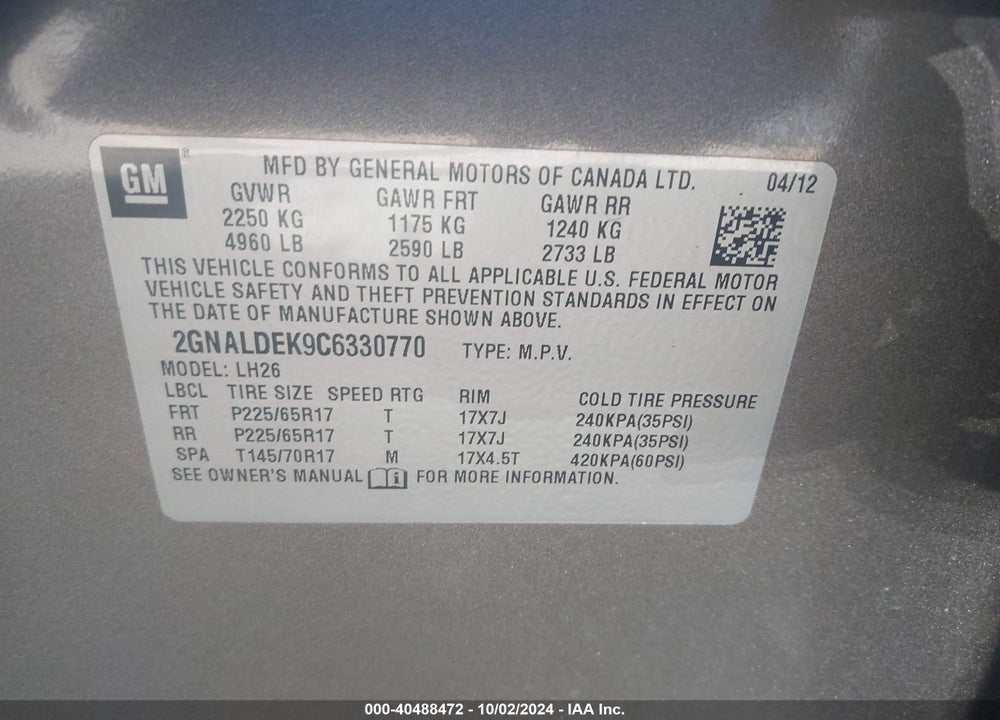 2012 CHEVROLET EQUINOX 1LT VIN: 2GNALDEK9C6330770