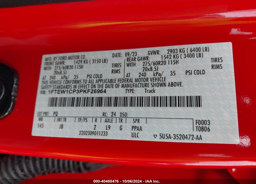 2023 FORD F-150 XL VIN: 1FTEW1CP3PKF26964