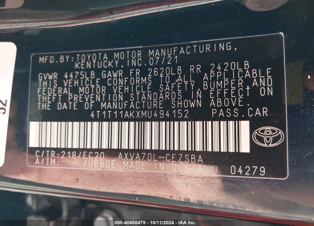 2021 TOYOTA CAMRY VIN: 4T1T11AKXMU494152