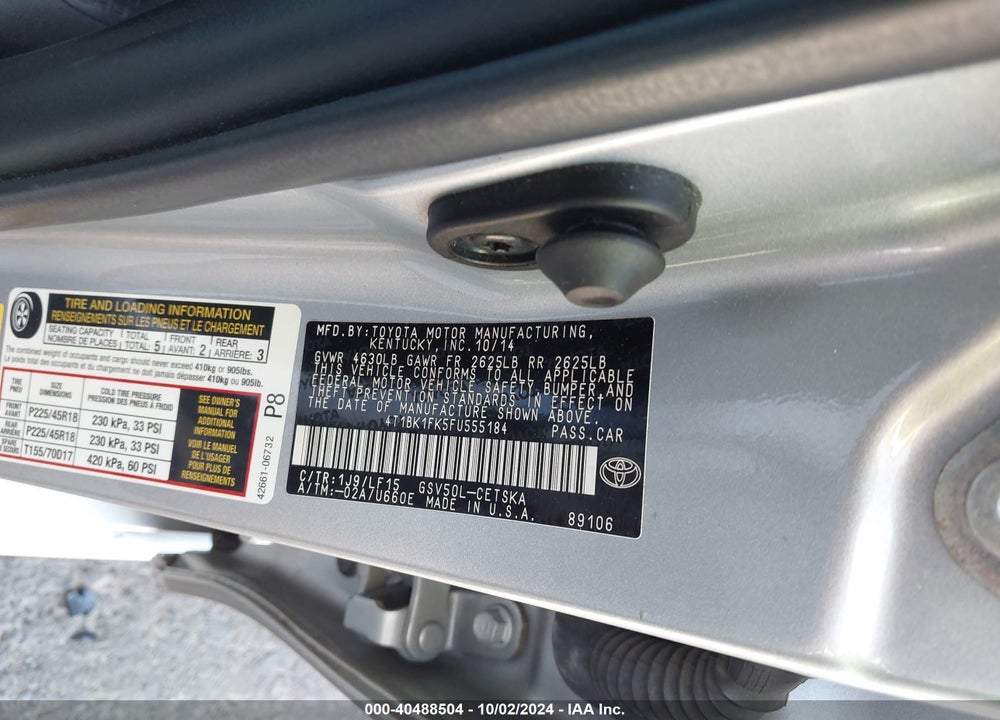 2015 TOYOTA CAMRY XSE V6 VIN: 4T1BK1FK5FU555184