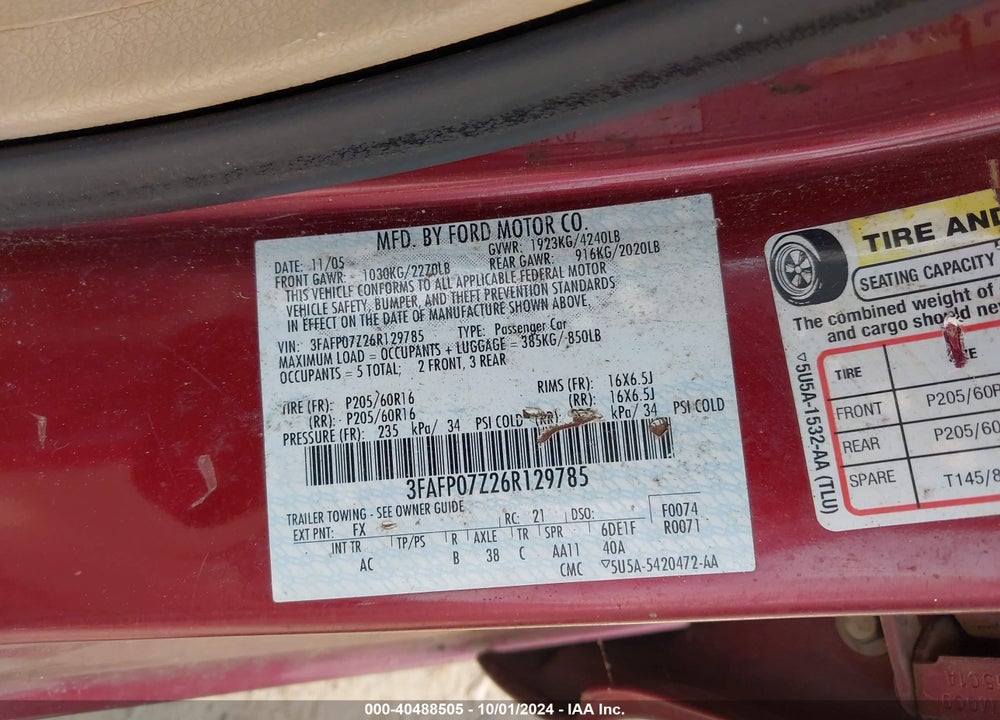 2006 FORD FUSION SE VIN: 3FAFP07Z26R129785