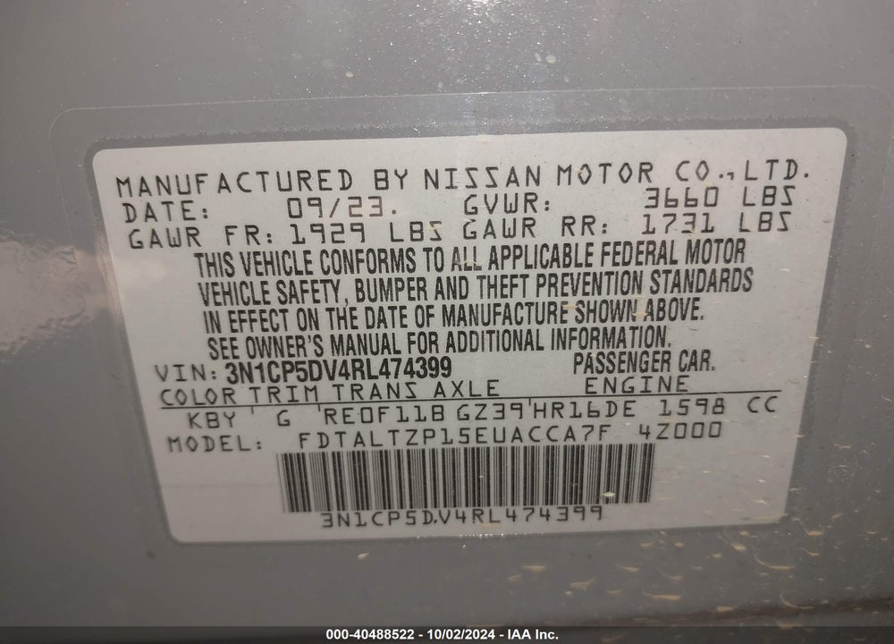 2024 NISSAN KICKS SR XTRONIC CVT VIN: 3N1CP5DV4RL474399