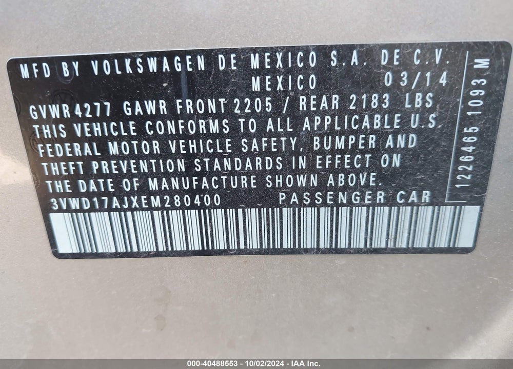 2014 VOLKSWAGEN JETTA 1.8T SE VIN: 3VWD17AJXEM280400