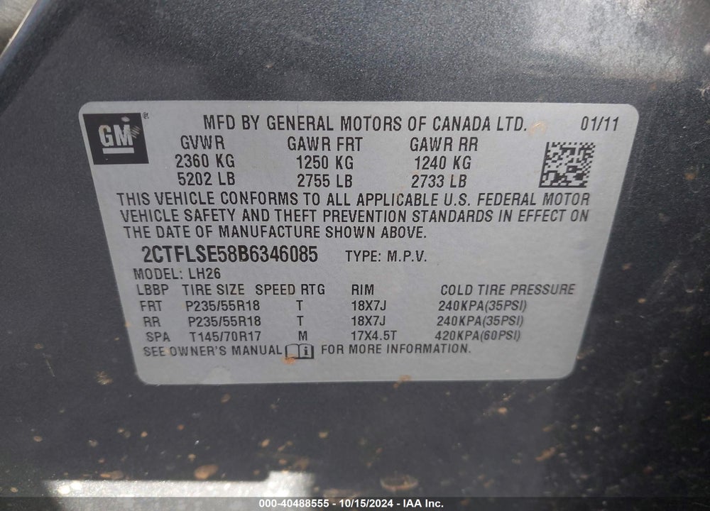 2011 GMC TERRAIN SLE-2 VIN: 2CTFLSE58B6346085