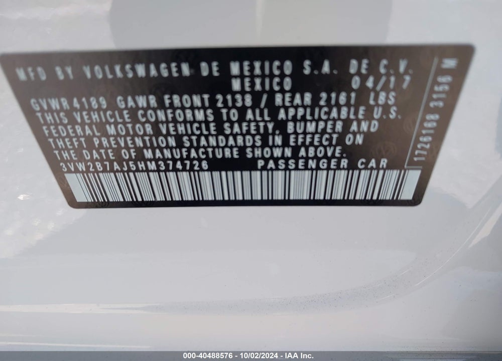 2017 VOLKSWAGEN JETTA 1.4T S VIN: 3VW2B7AJ5HM374726