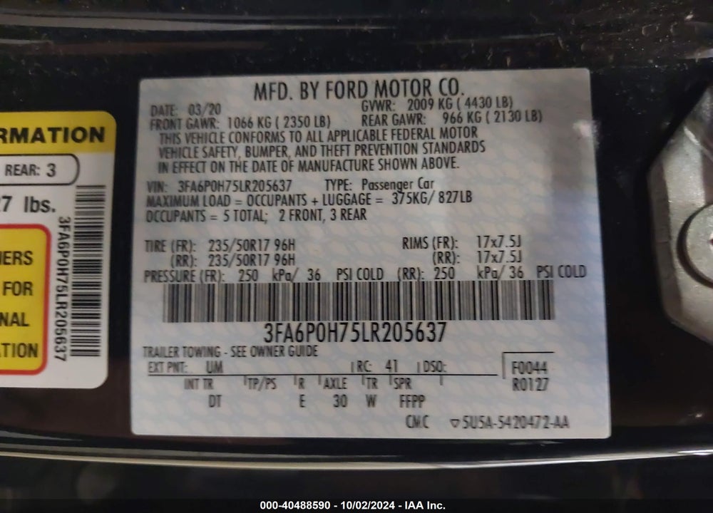2020 FORD FUSION VIN: 3FA6P0H75LR205637