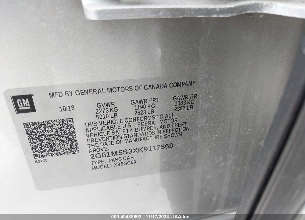 2019 CADILLAC XTS LUXURY VIN: 2G61M5S3XK9117559